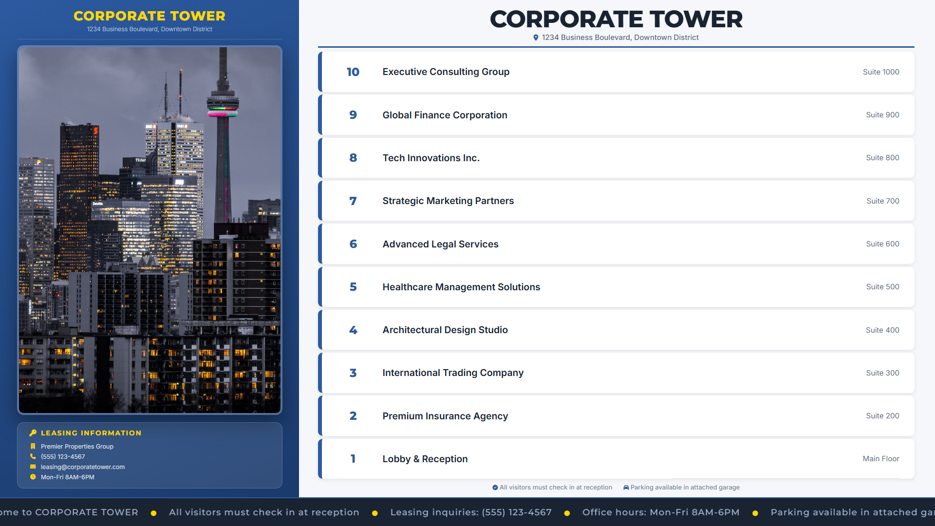Executive corporate office building directory with black and gold luxury design