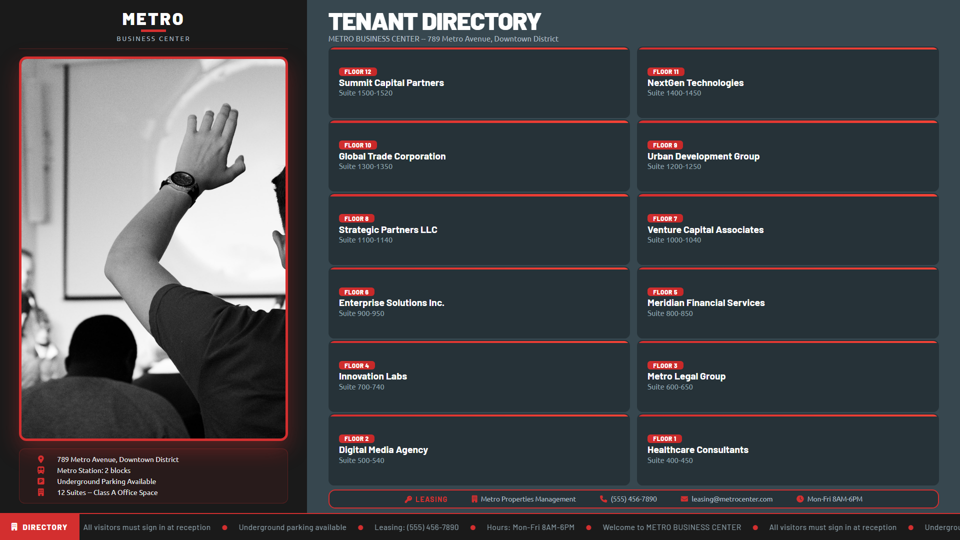 Hi-rise office building digital lobby directory board with modern contemporary design