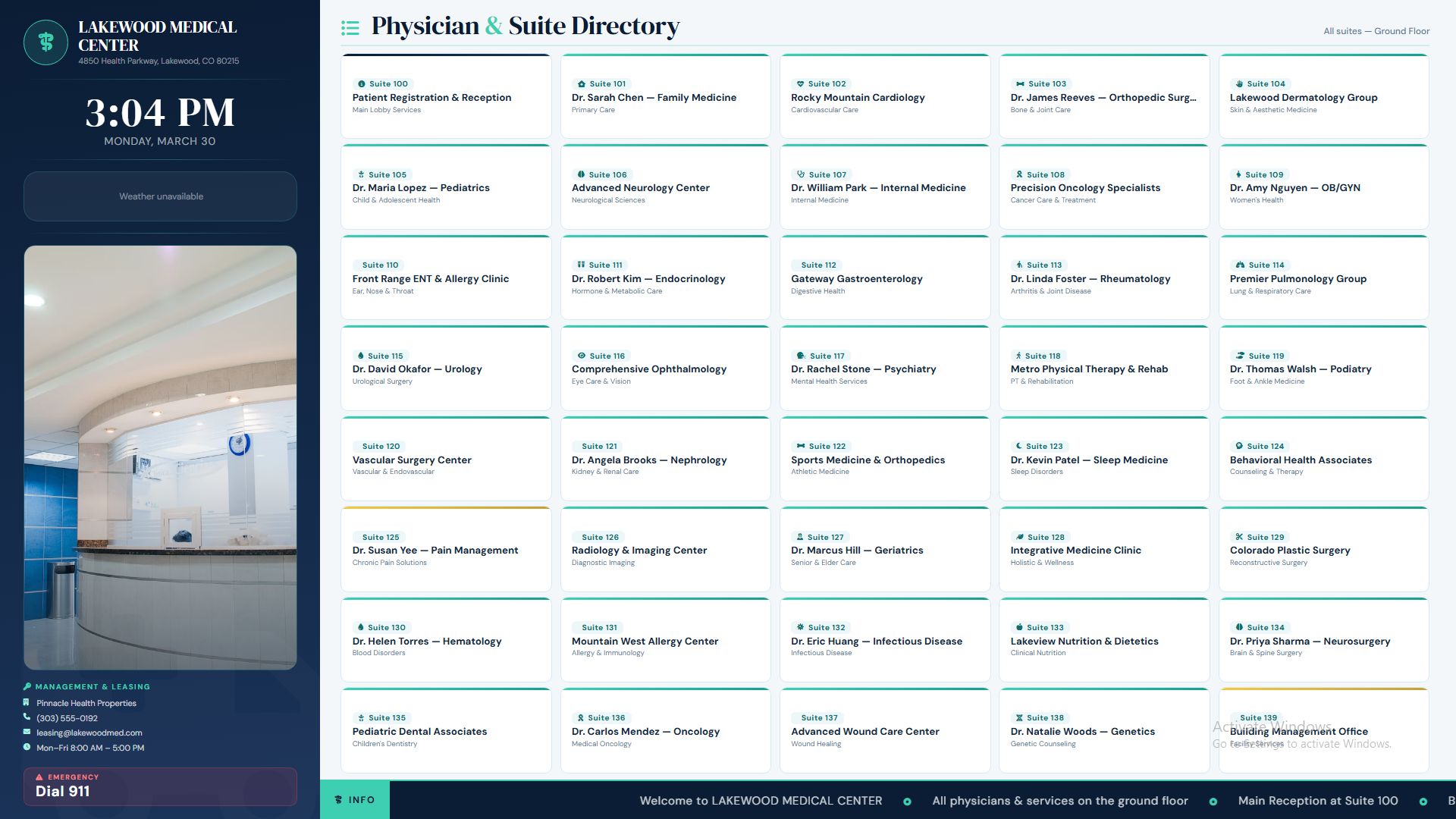 Medical office directory digital sign displaying doctor names, specialties, and suite numbers