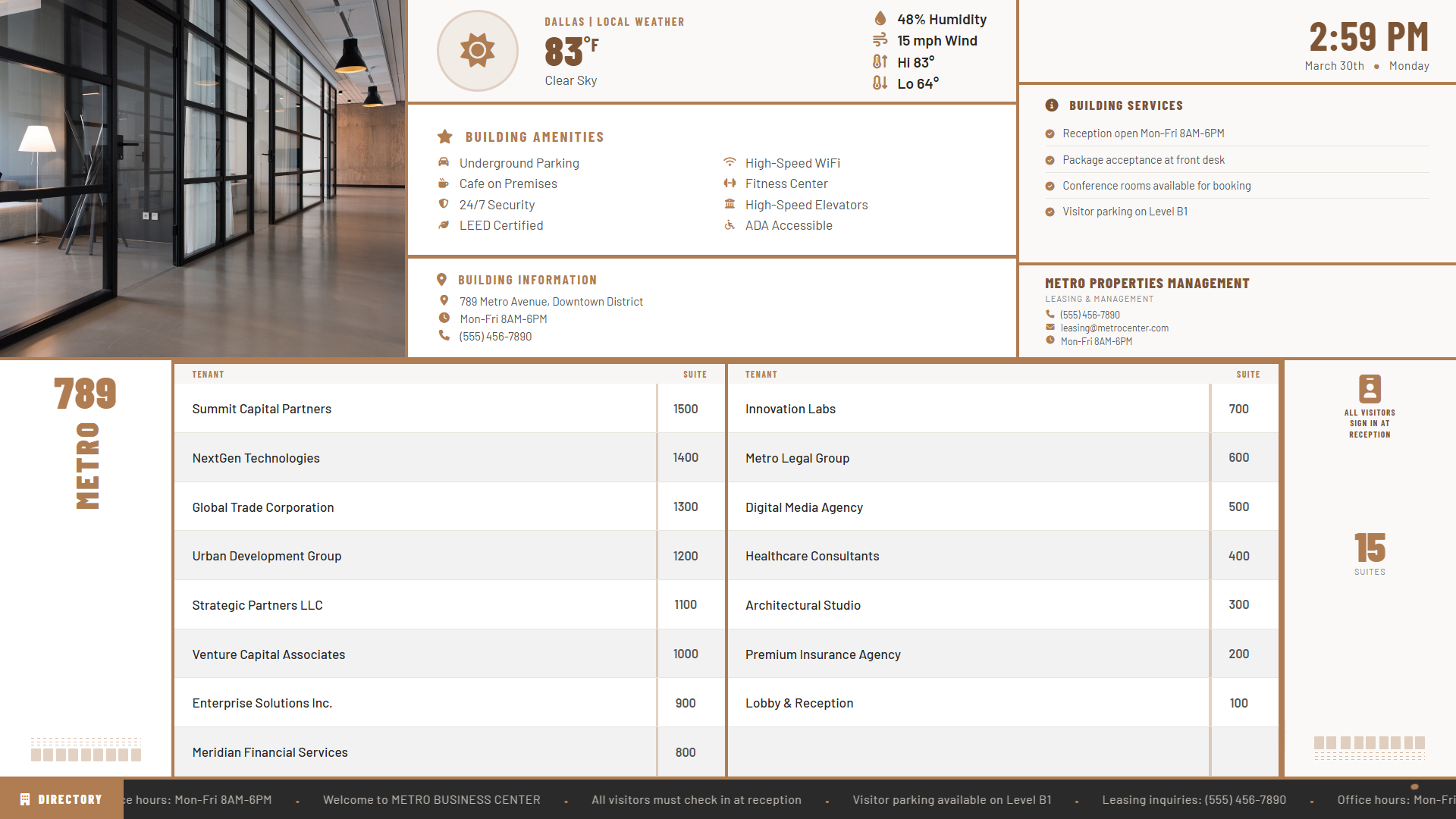 Professional office building directory sign with floor numbers, company names, and suite information