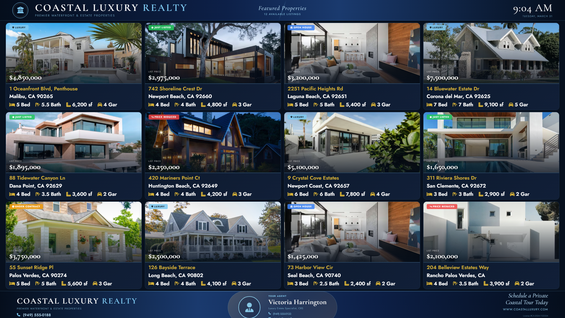 ProView Real Estate Board in dark blue theme showing 12 luxury coastal properties with agent footer