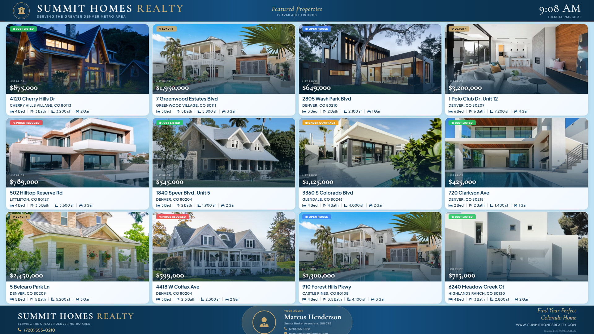 ProView Real Estate Board in light sky blue theme showing 12 Denver area properties with navy header