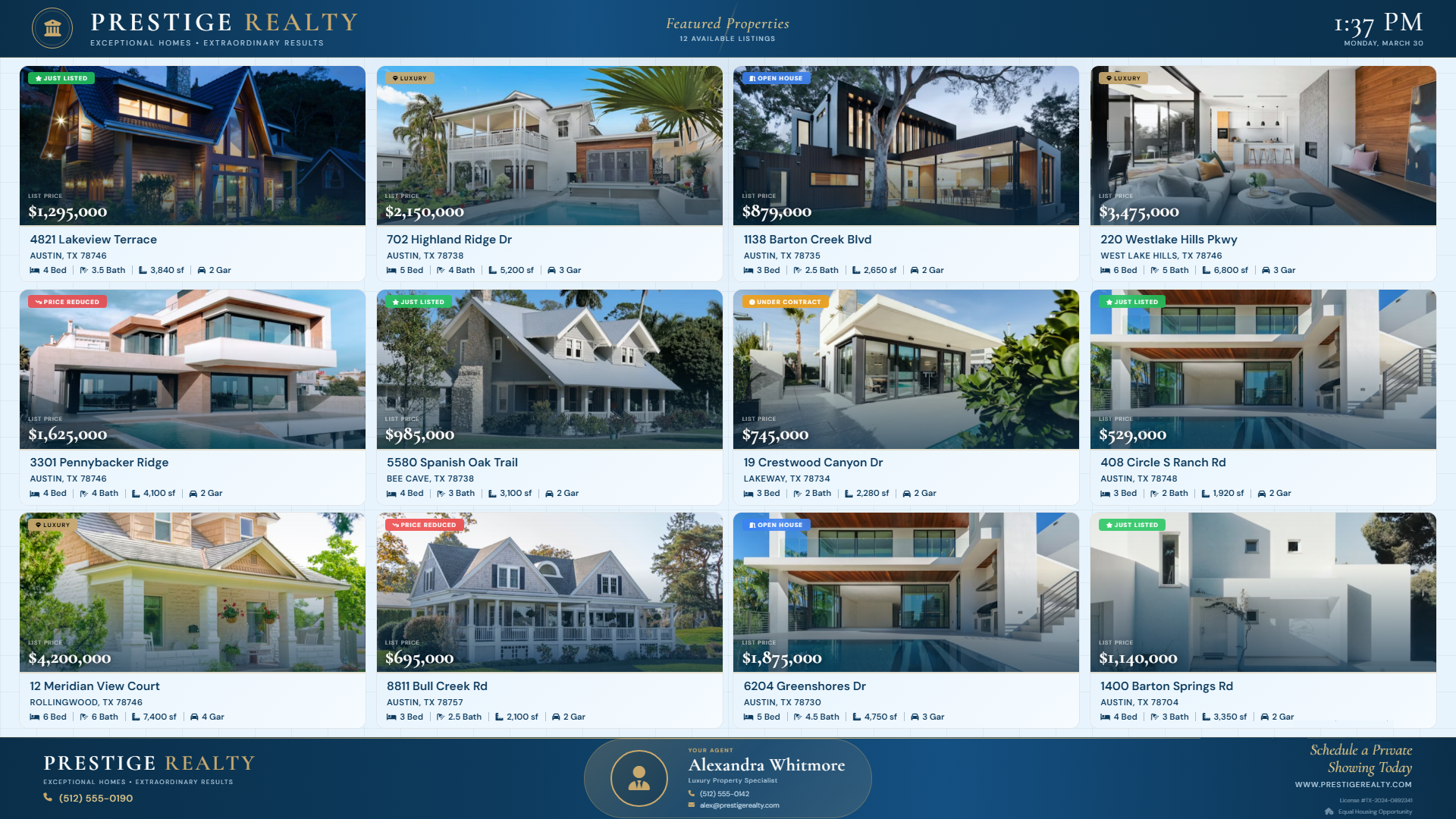ProView real estate listing board showing 12 property cards with photos, pricing, beds, baths, and agent footer