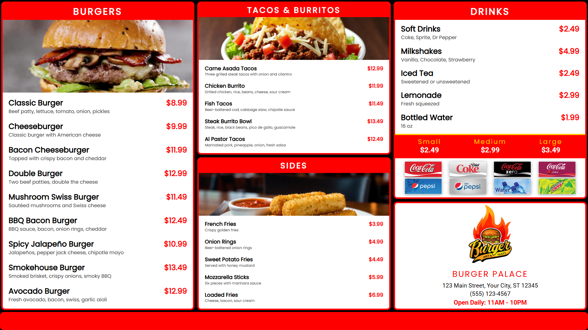 Classic quick service restaurant digital menu board for fast food
