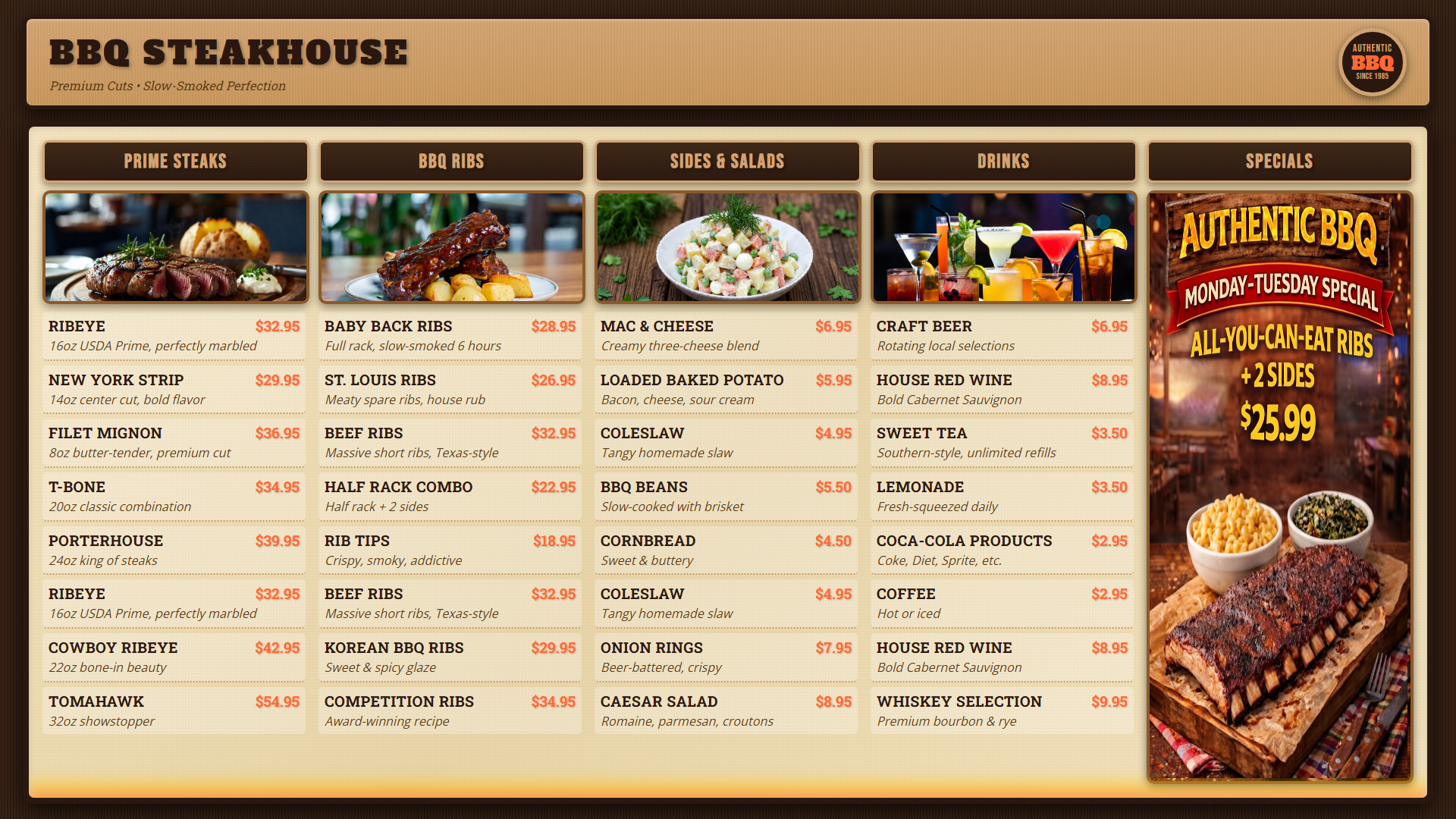 Rustic BBQ steakhouse digital menu board with bold typography
