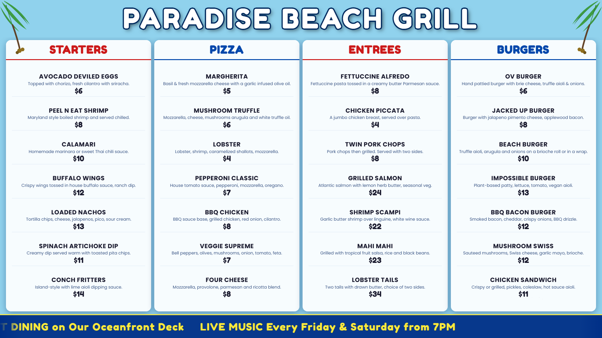 Beach cafe digital menu board with coastal ocean color scheme