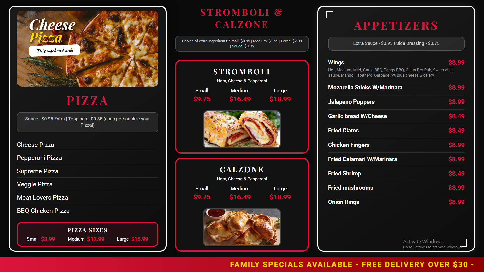 Modern black and red pizza parlor digital menu board