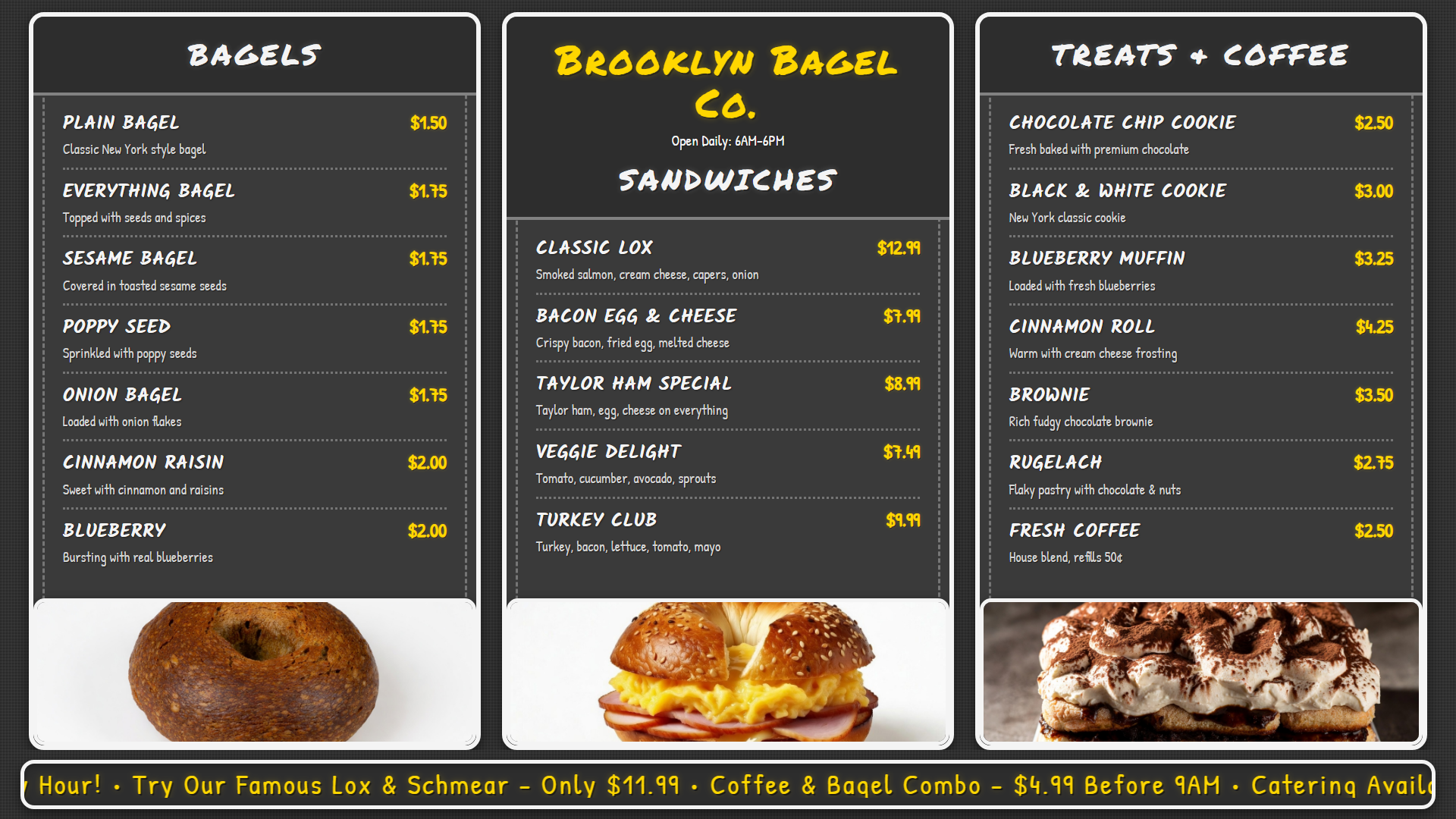 Rustic chalkboard-style bagel shop digital menu board