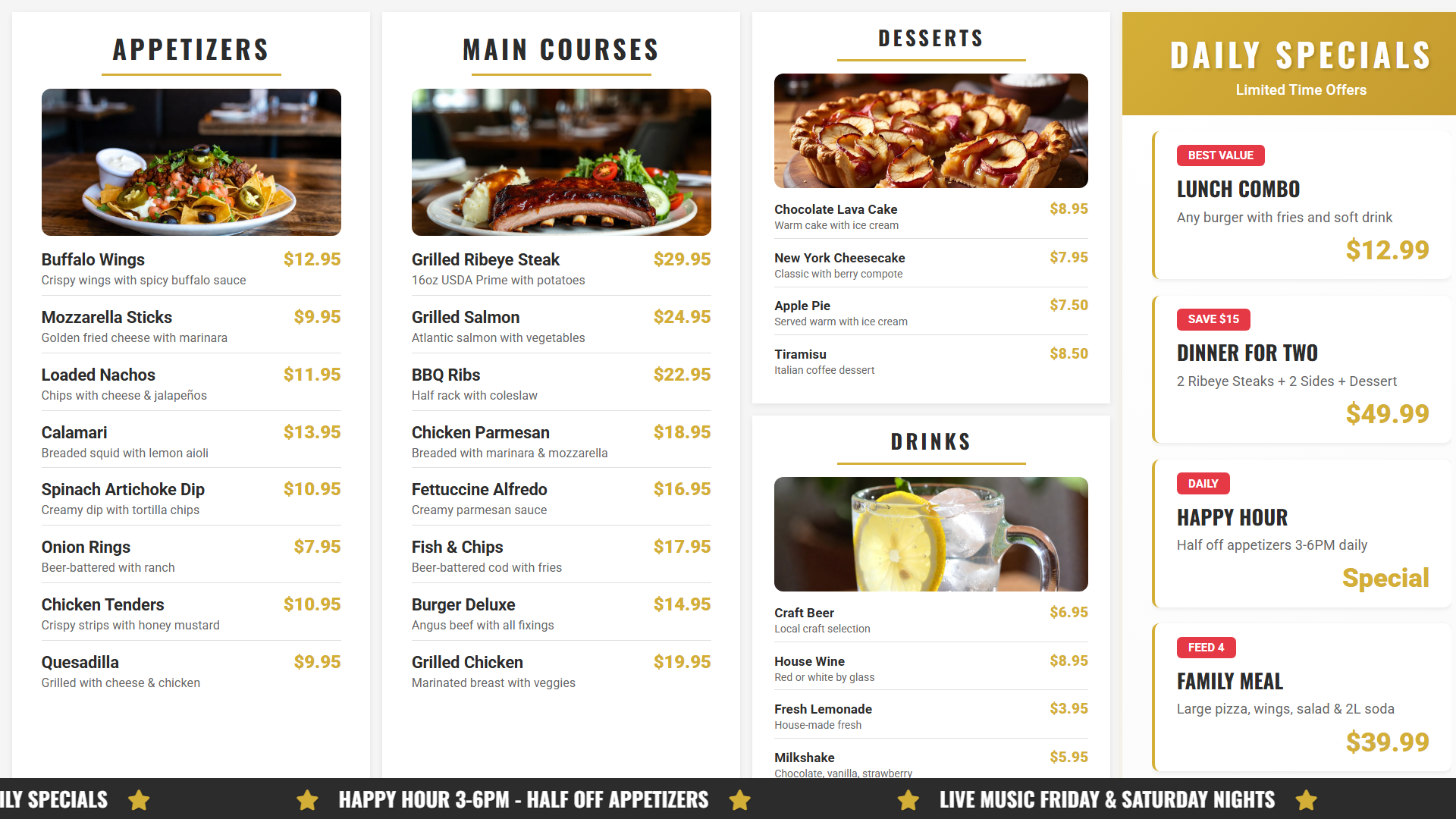 Clean white sports bar and restaurant digital menu board with wide layout