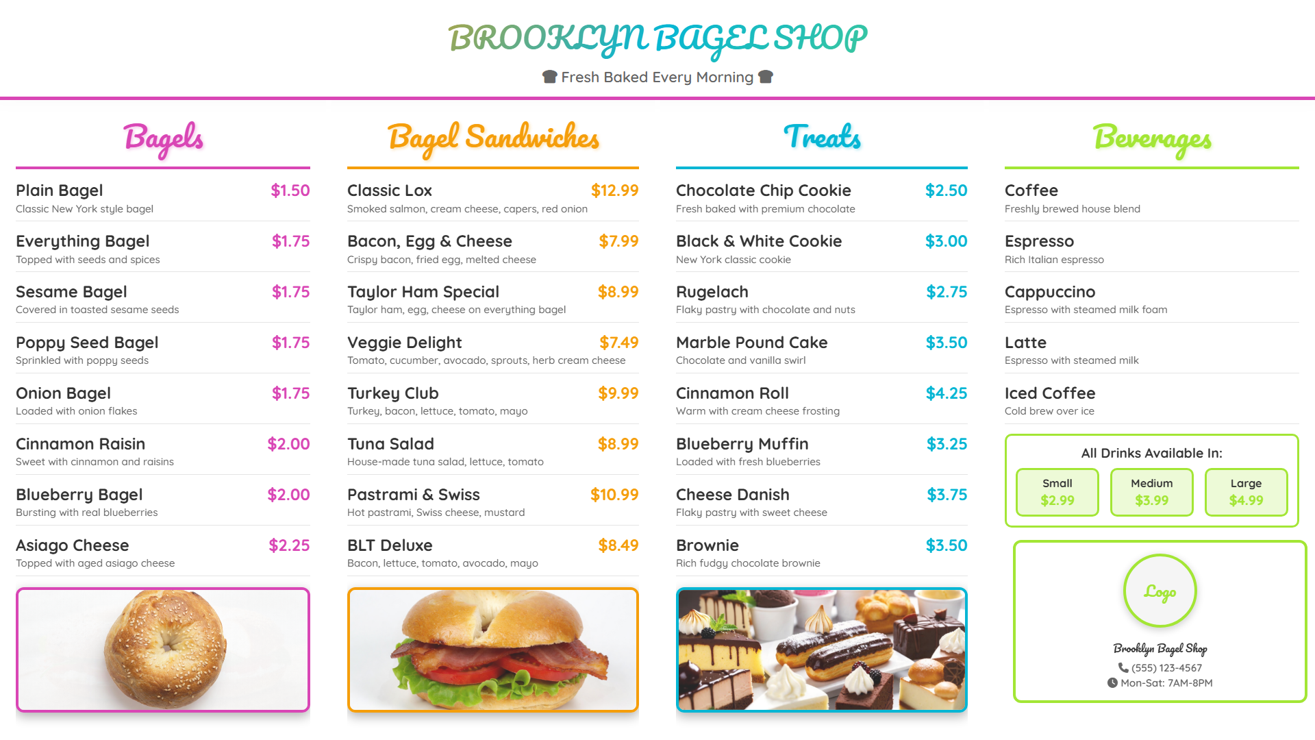 Vibrant colorful bagel shop digital menu board