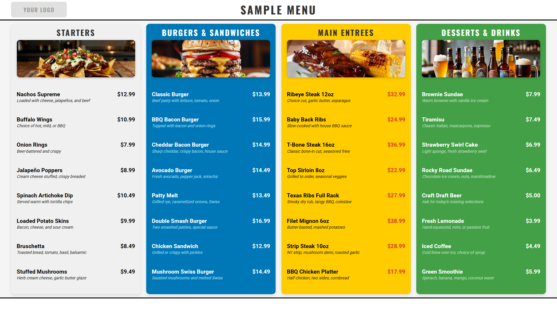 Vibrant colorful 4-panel digital menu board with multi-section layout