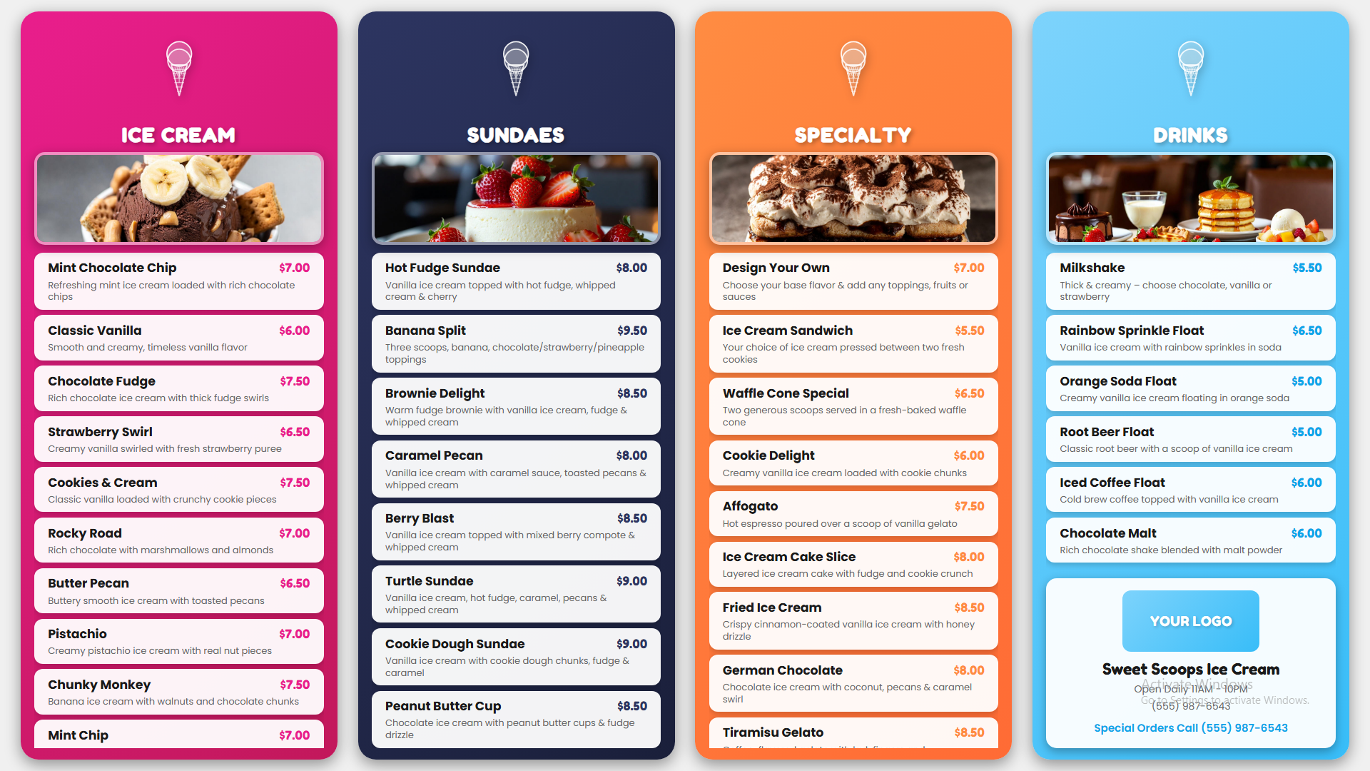 Vibrant multi-color ice cream shop digital menu board