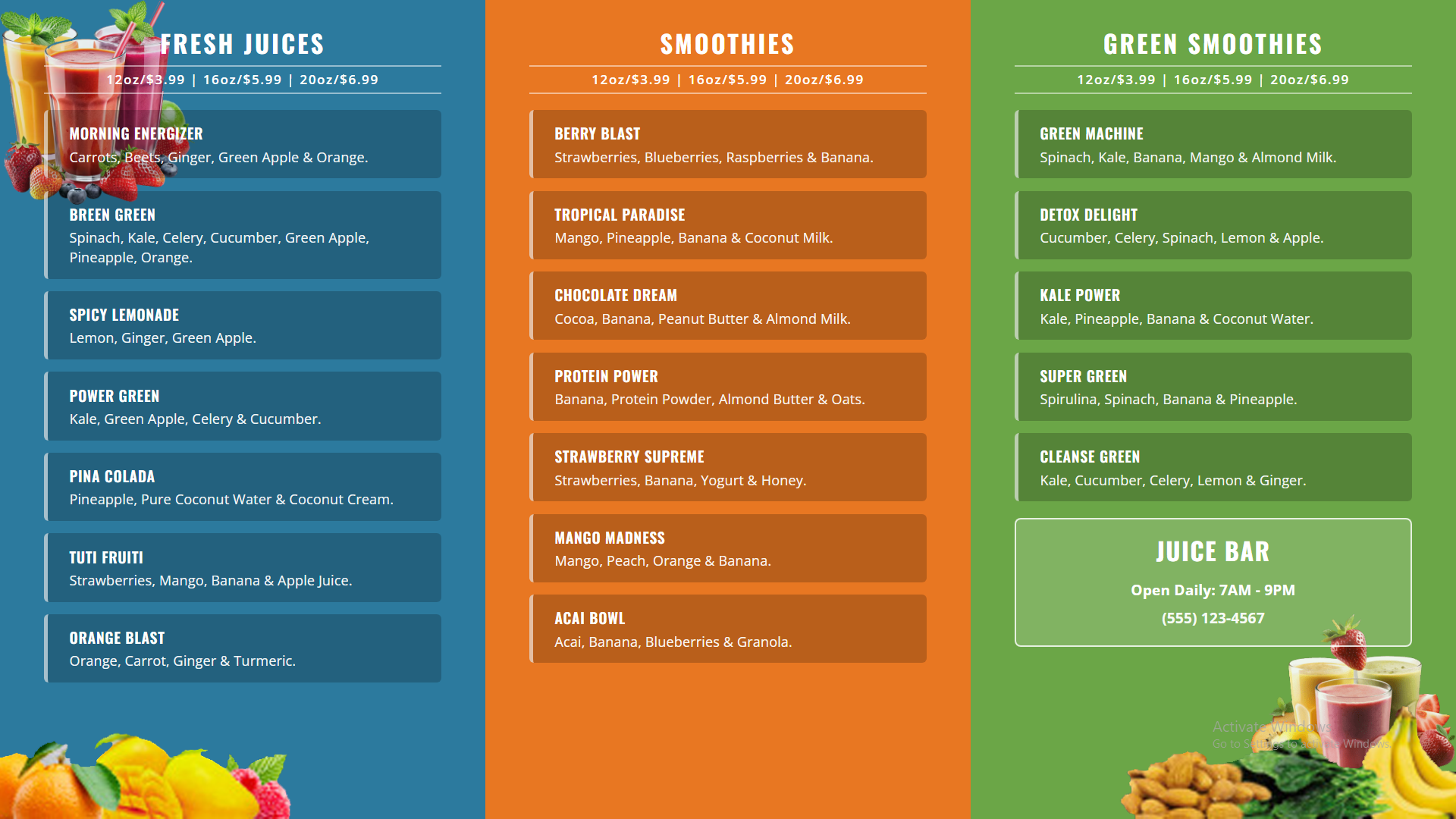 Fresh fruit colorful juice bar digital menu board