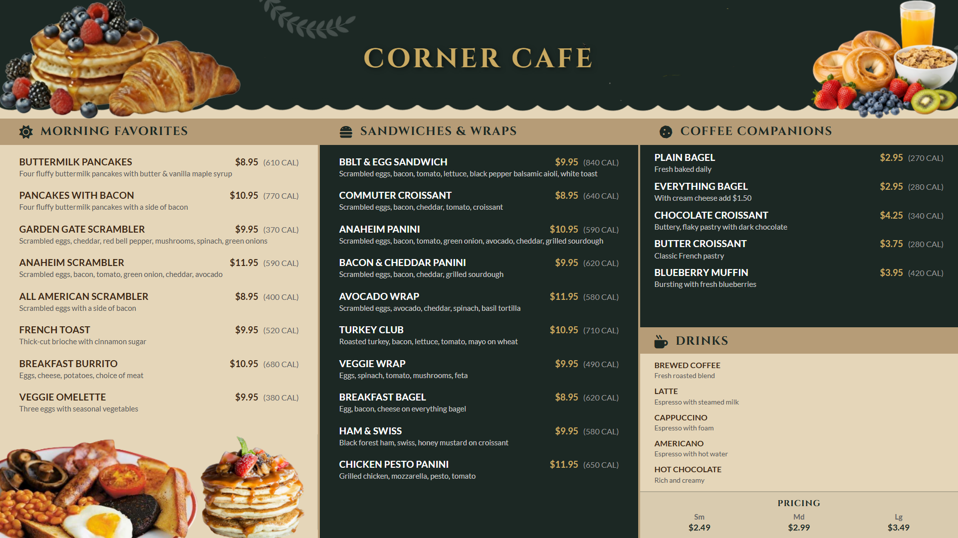 Cozy neighborhood corner cafe digital menu board