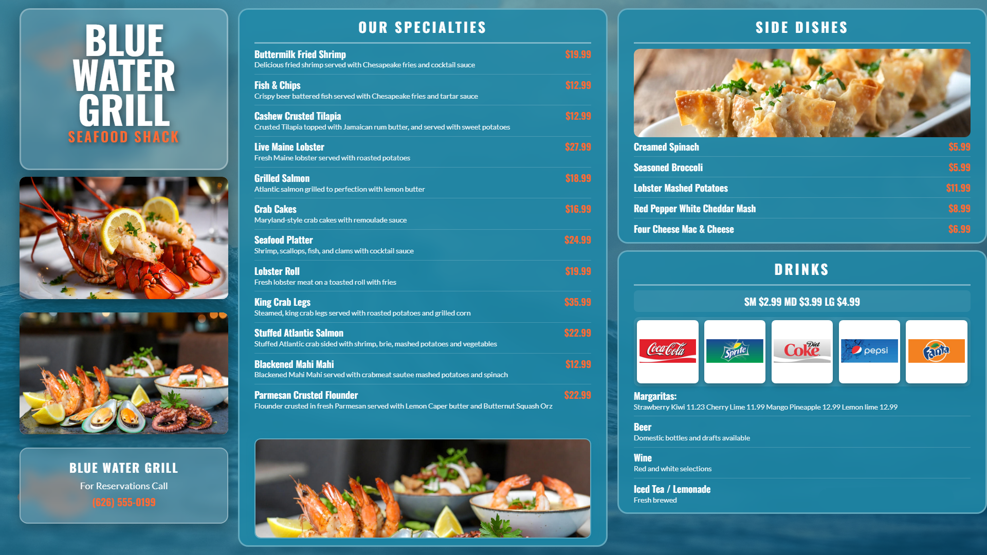 Deep ocean blue seafood restaurant digital menu board