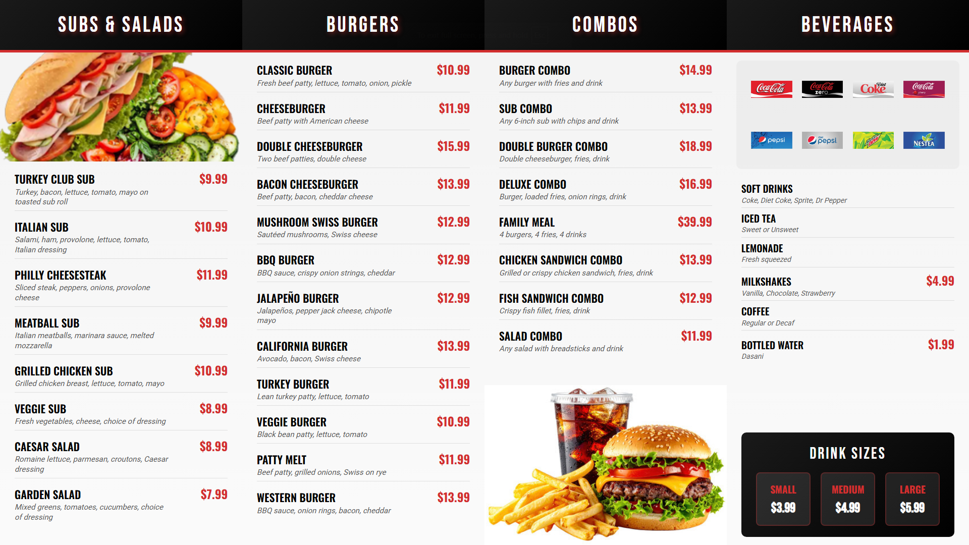 Expanded fast food QSR digital menu board template with multiple categories