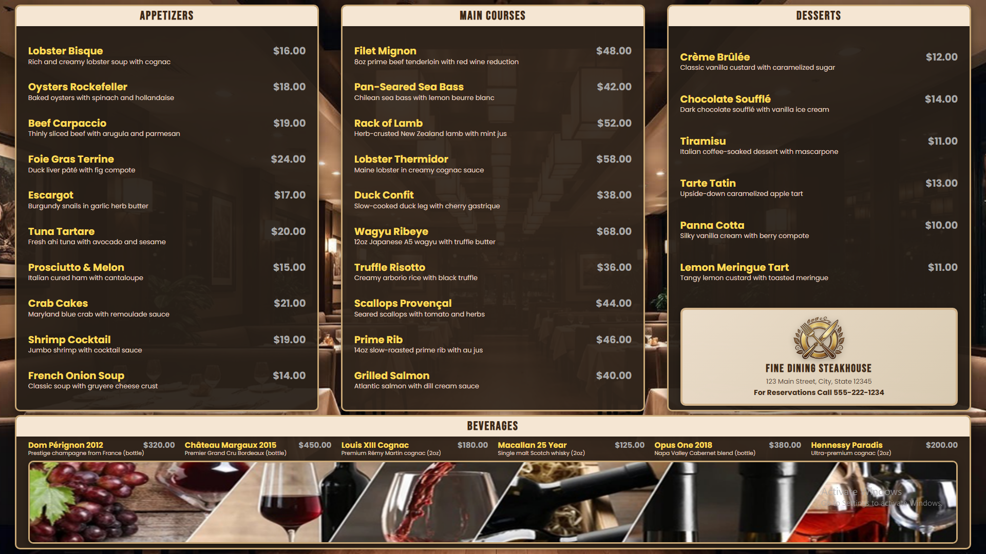 Elegant tan fine dining digital menu board for upscale restaurants