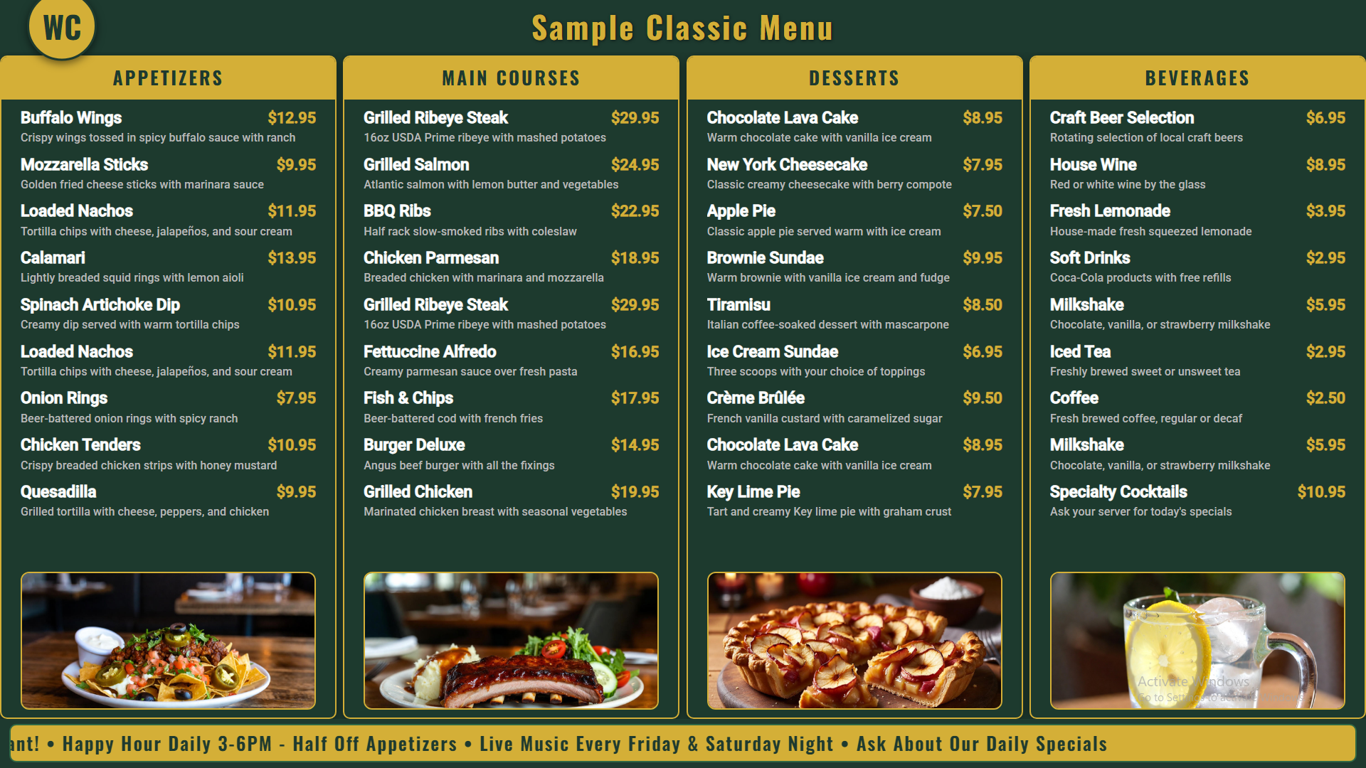 Green & Gold sports bar digital menu board with 4 expandable categories