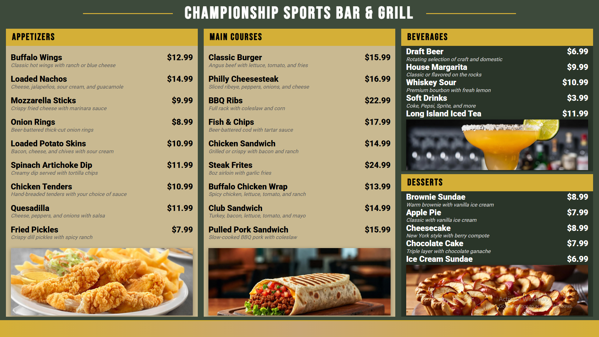 Green and tan rustic sports bar digital menu board