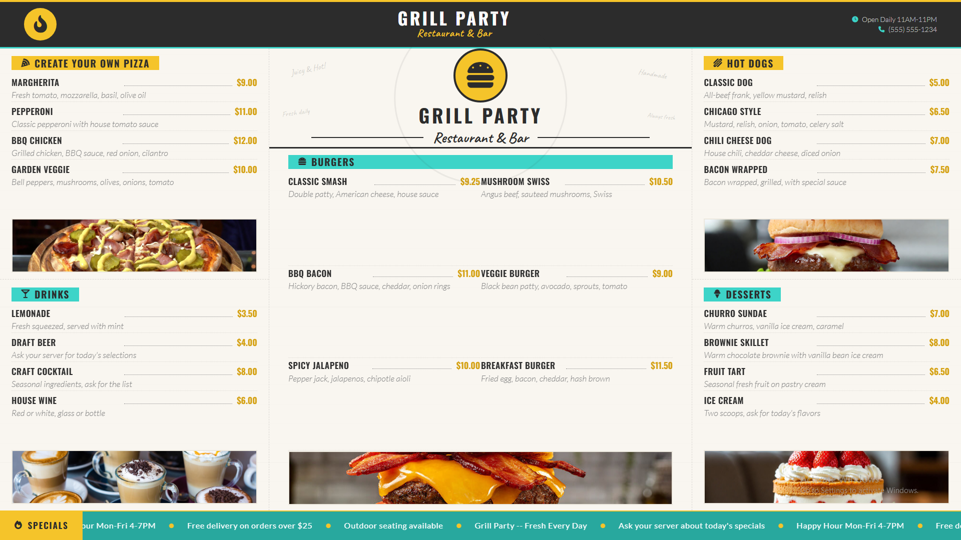 Party Grill digital menu board with light fun design