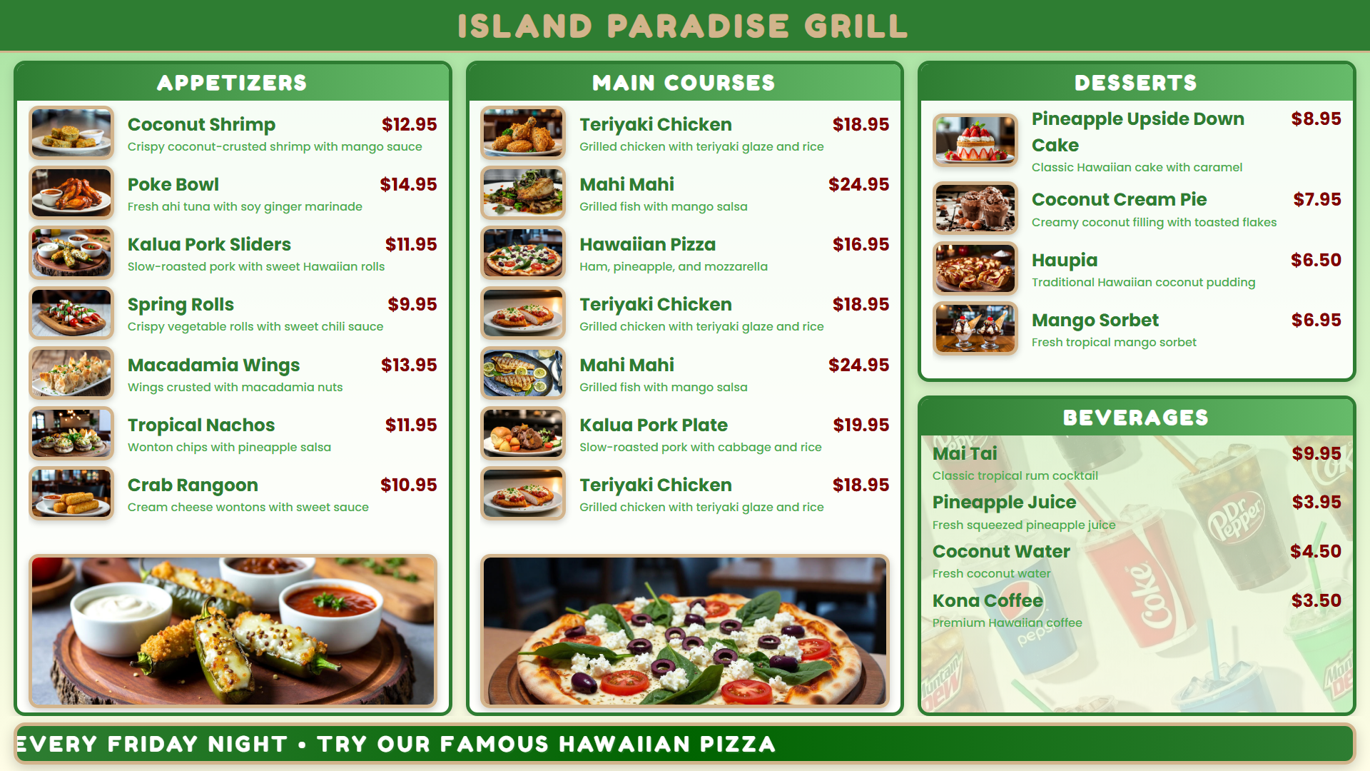 Hawaiian luau tropical island theme digital menu board for cafes