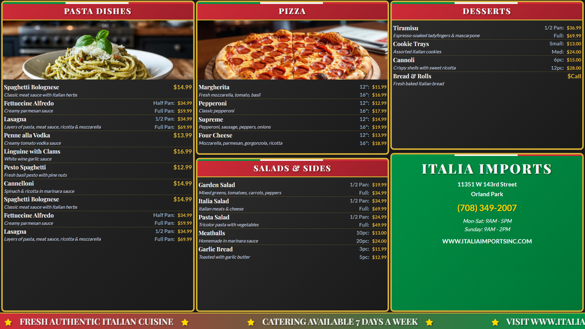 Italia red and green digital menu board for pasta, pizza, and salad restaurants