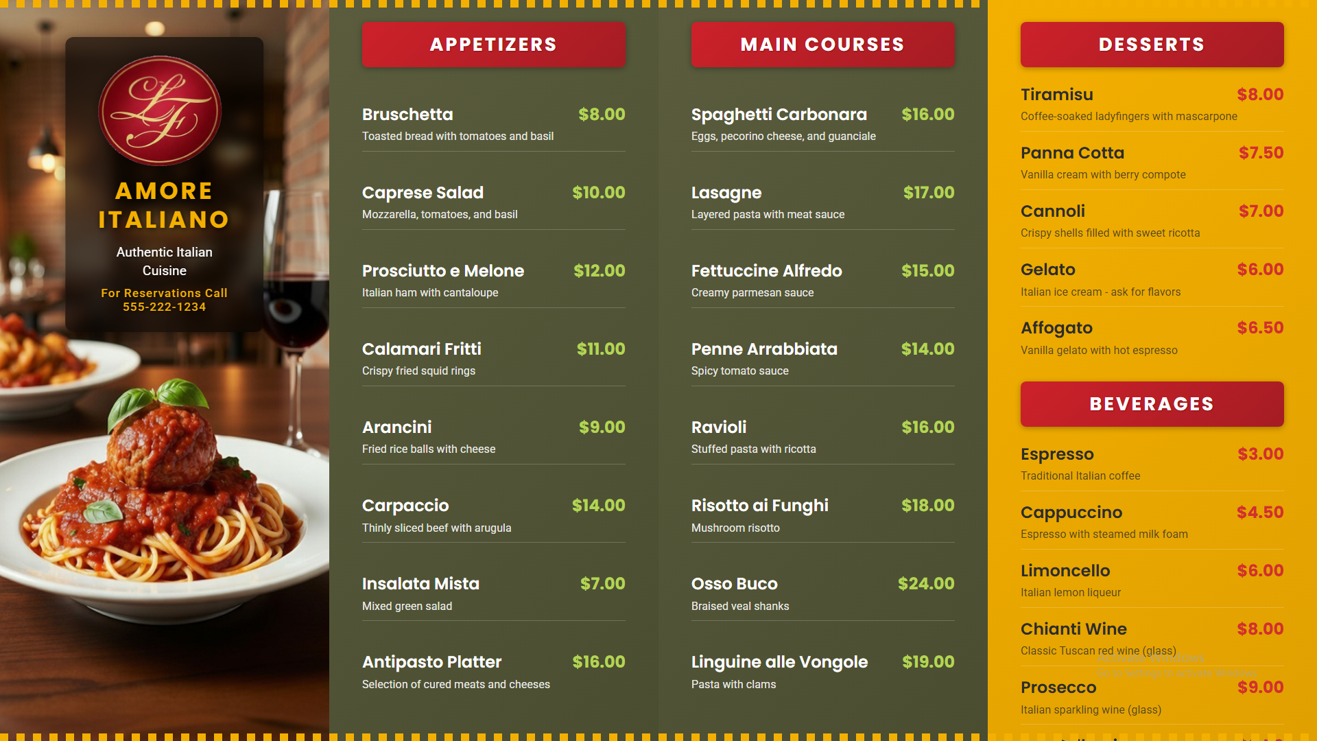 Italian restaurant digital menu board template with red, white, and green accents