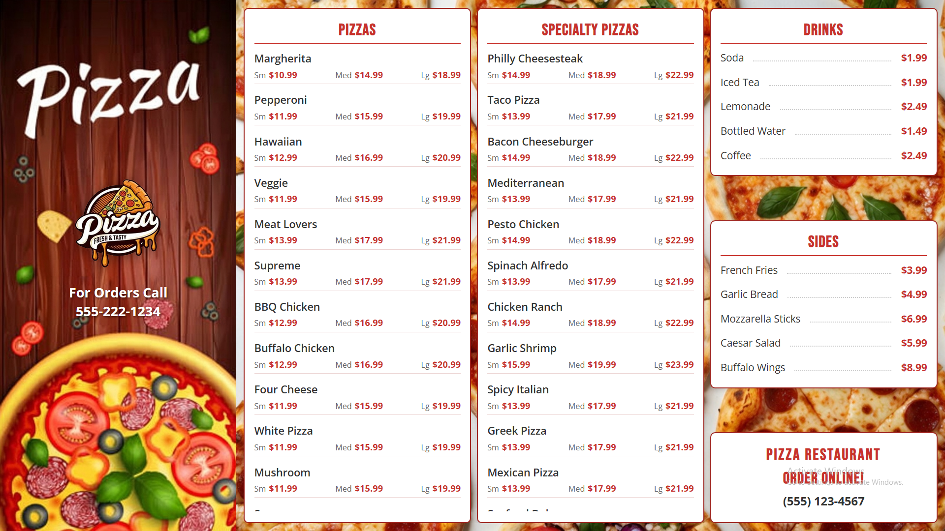 Full-service pizzeria digital menu board with large item layout