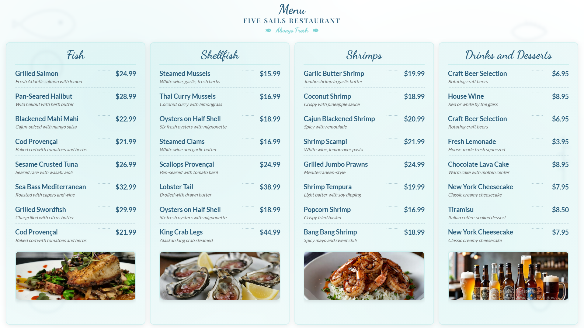 Light blue coastal seafood restaurant digital menu board