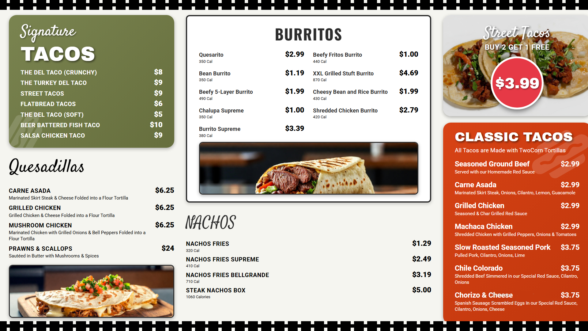 Authentic green and red Mexican food restaurant digital menu board