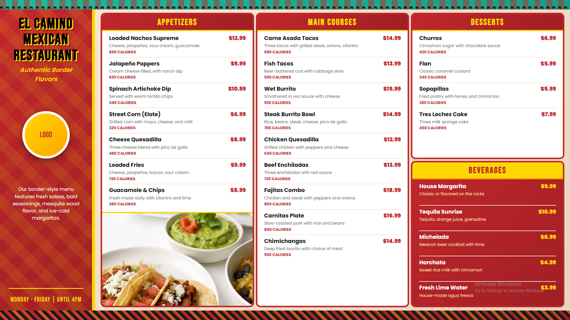 Mexican restaurant digital menu board with dynamic video background support