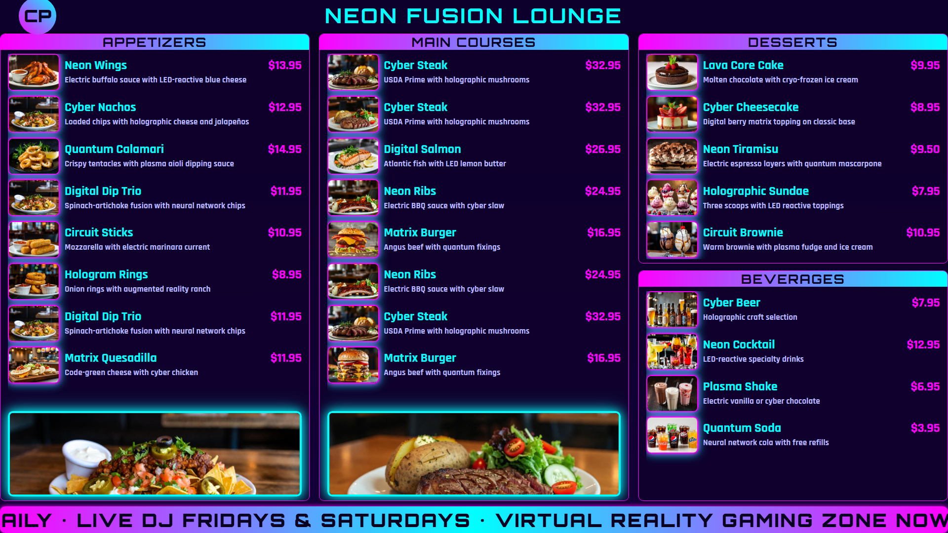 Neon-accented sports bar digital menu board with vibrant glowing effects