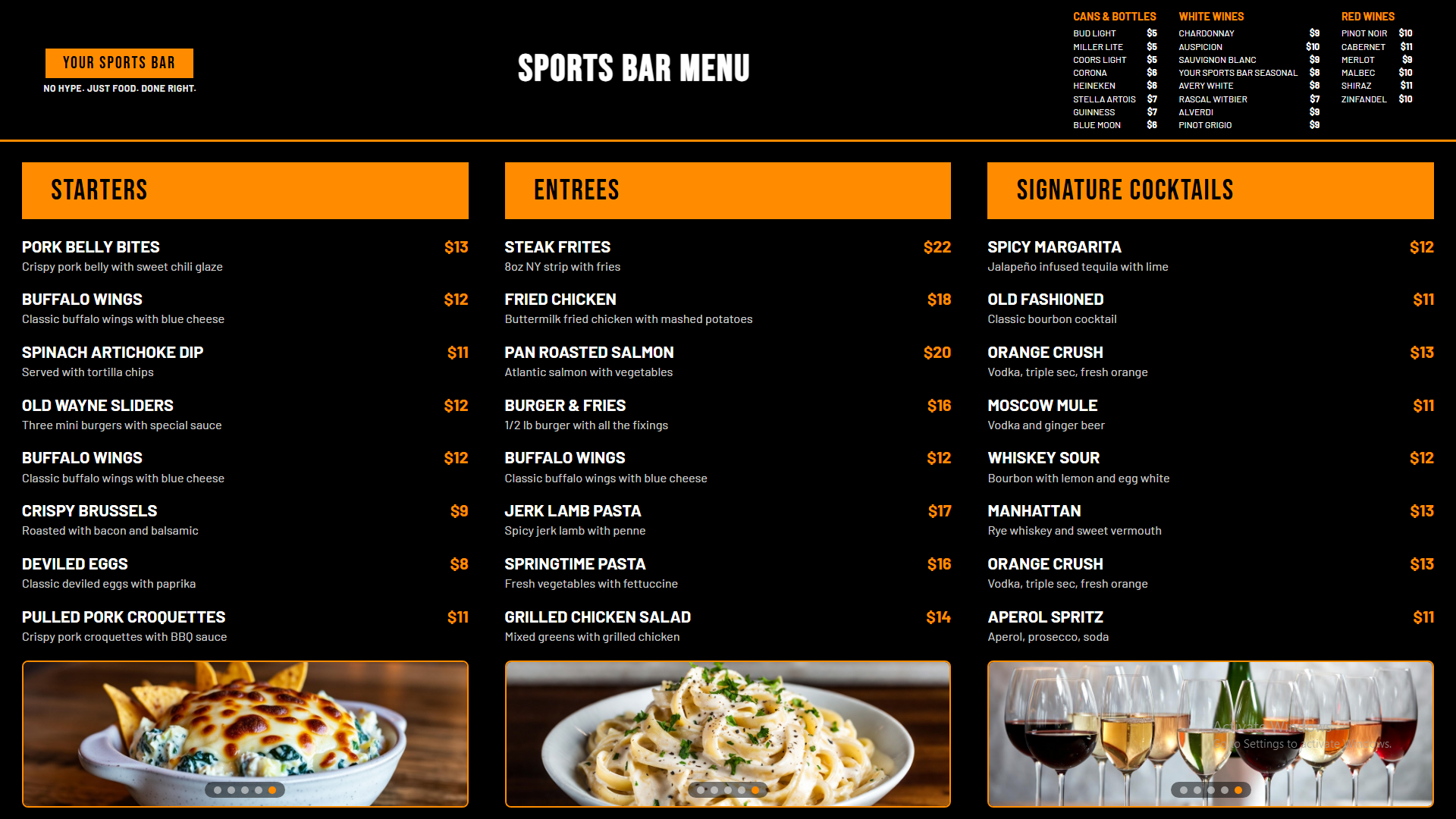 Black and orange sports bar digital menu board with bold high-contrast design