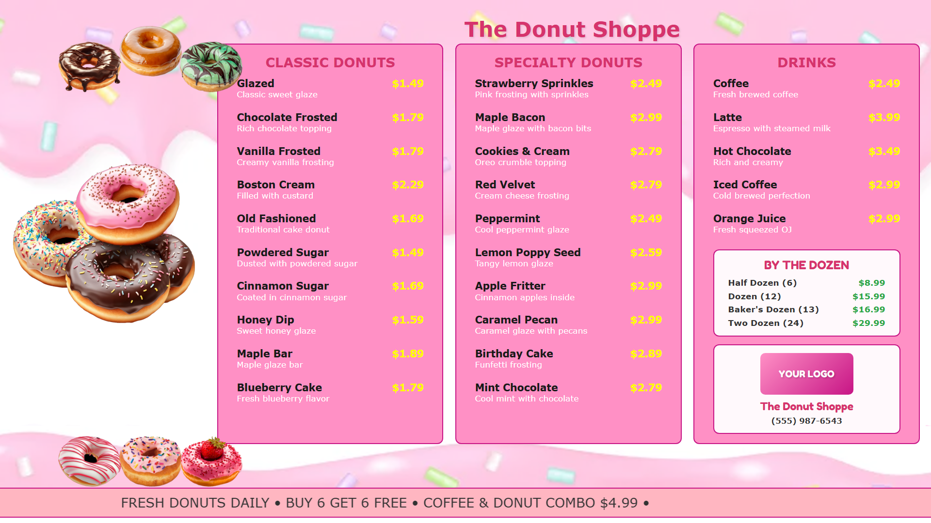 Sweet pink frosting theme donut shop digital menu board