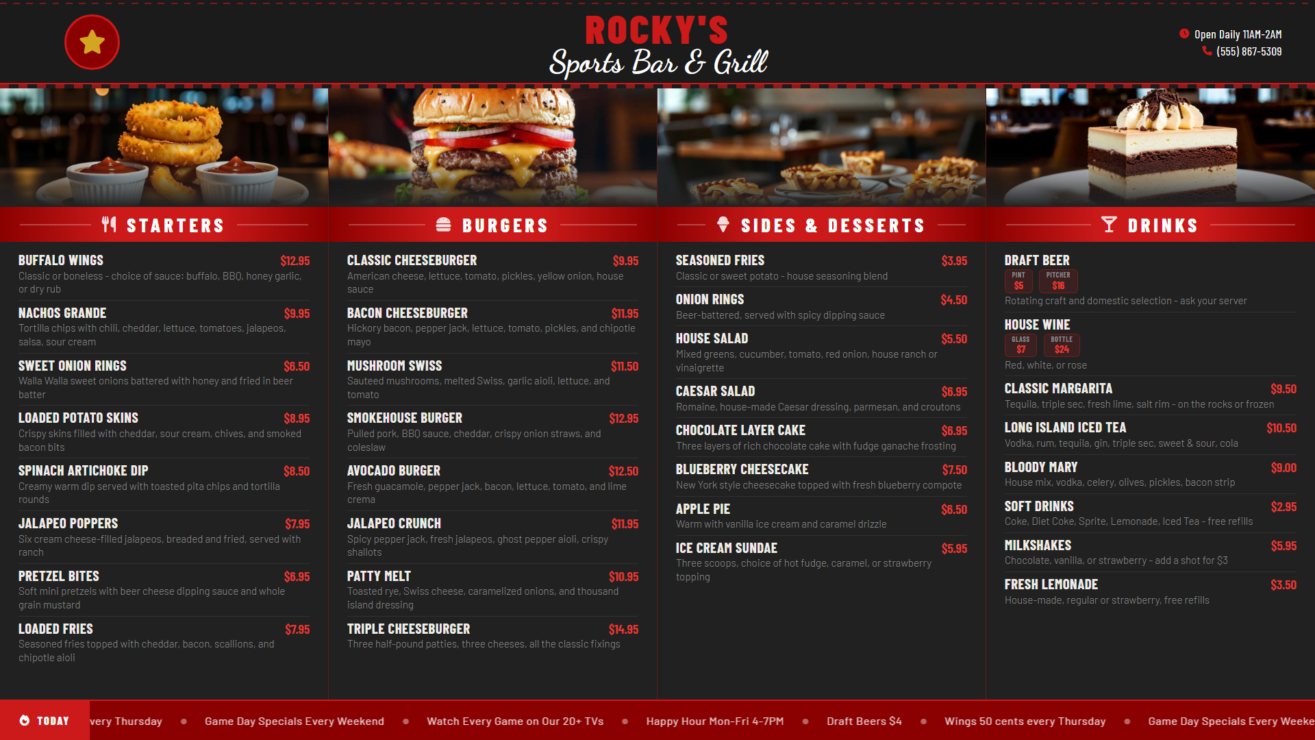 Black and red sports bar digital menu board with bold high-contrast design
