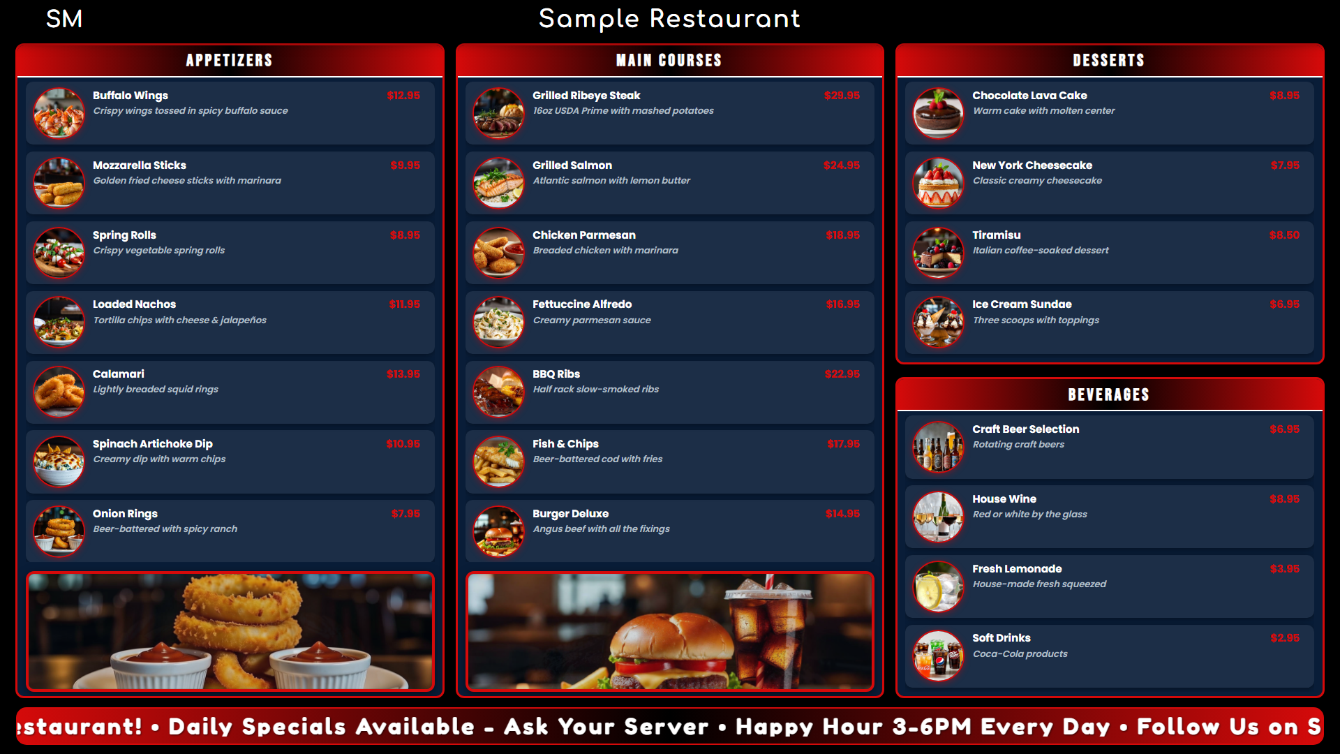 Red and blue patriotic sports bar digital menu board