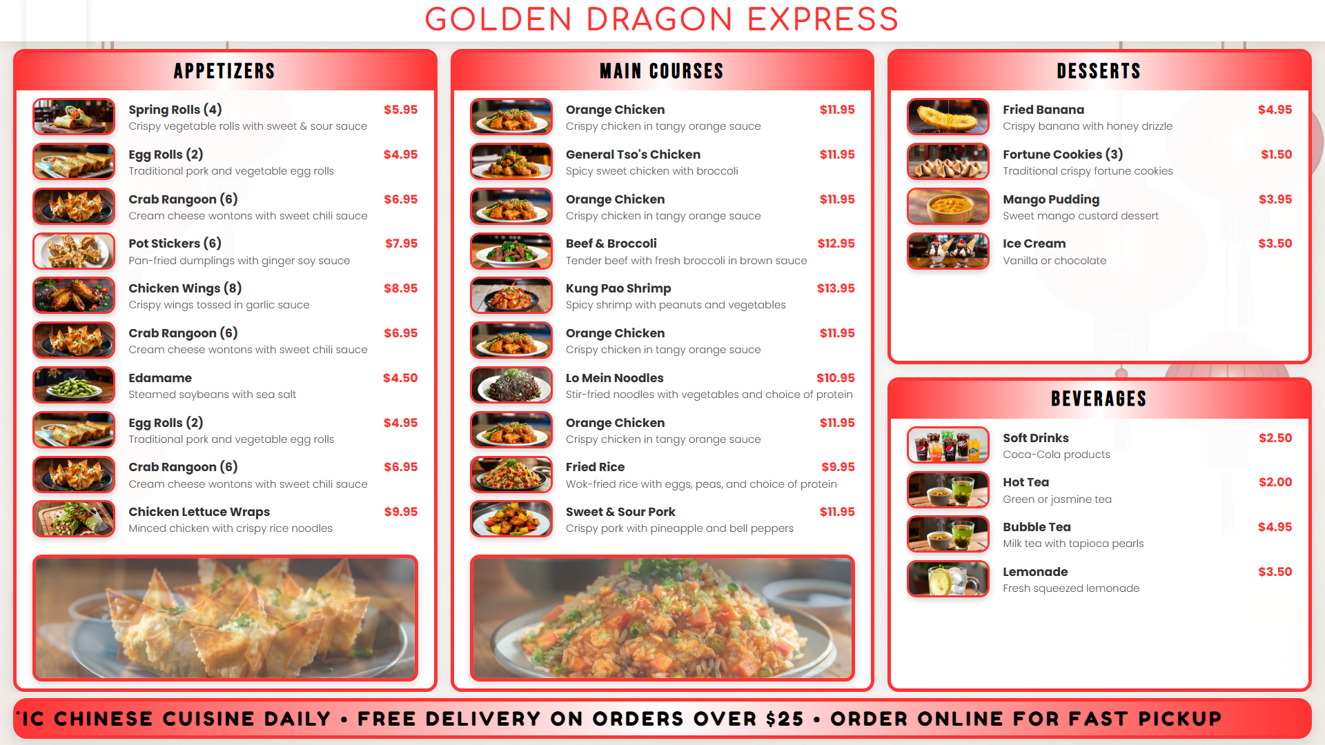 Traditional red and gold Chinese restaurant digital menu board