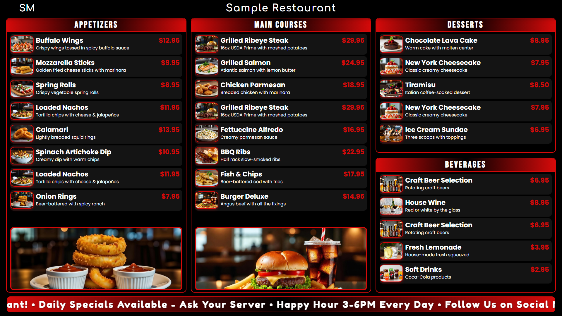 Red and gray sports bar digital menu board with sleek industrial design