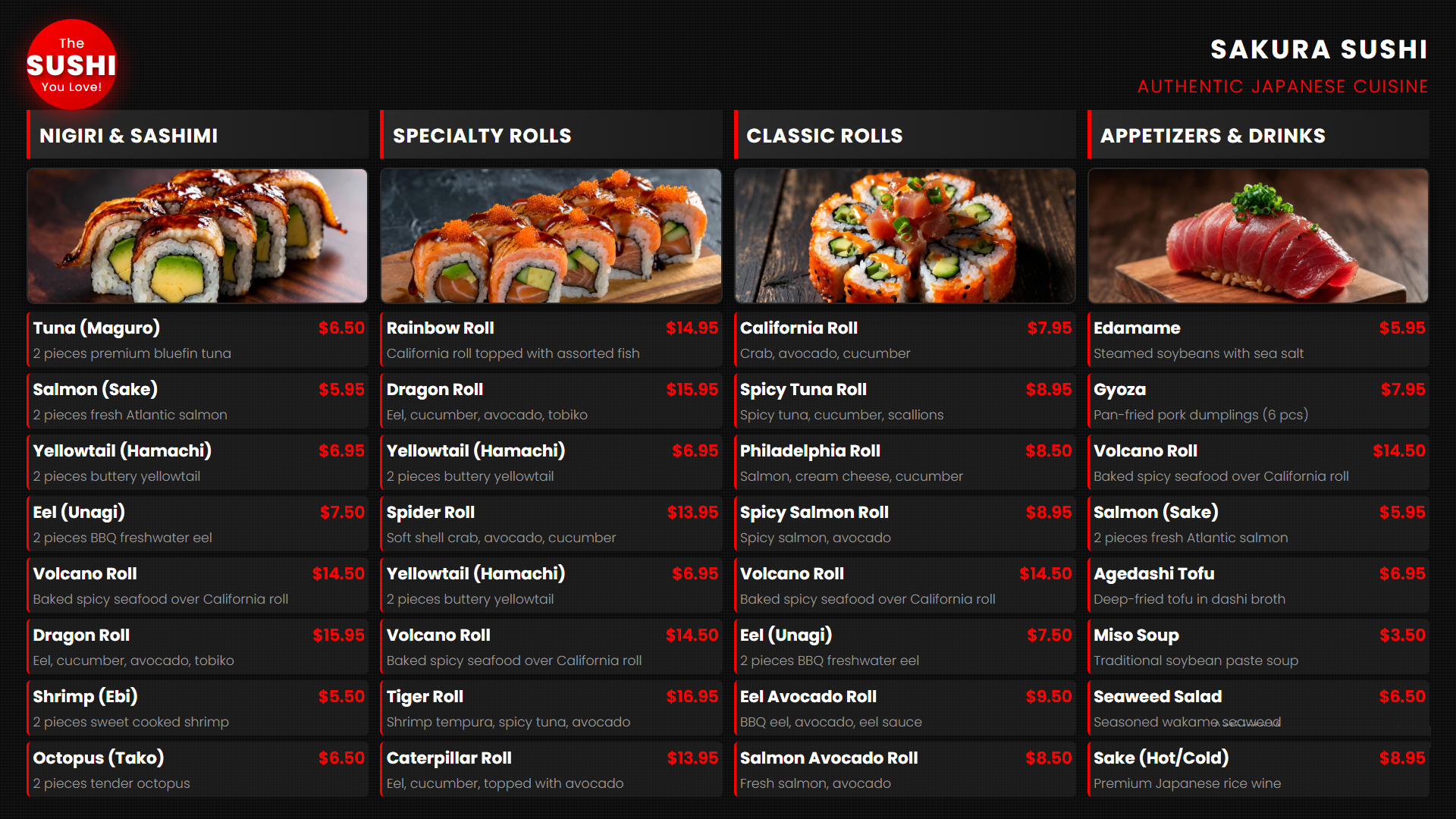 Traditional Japanese red sushi restaurant digital menu board