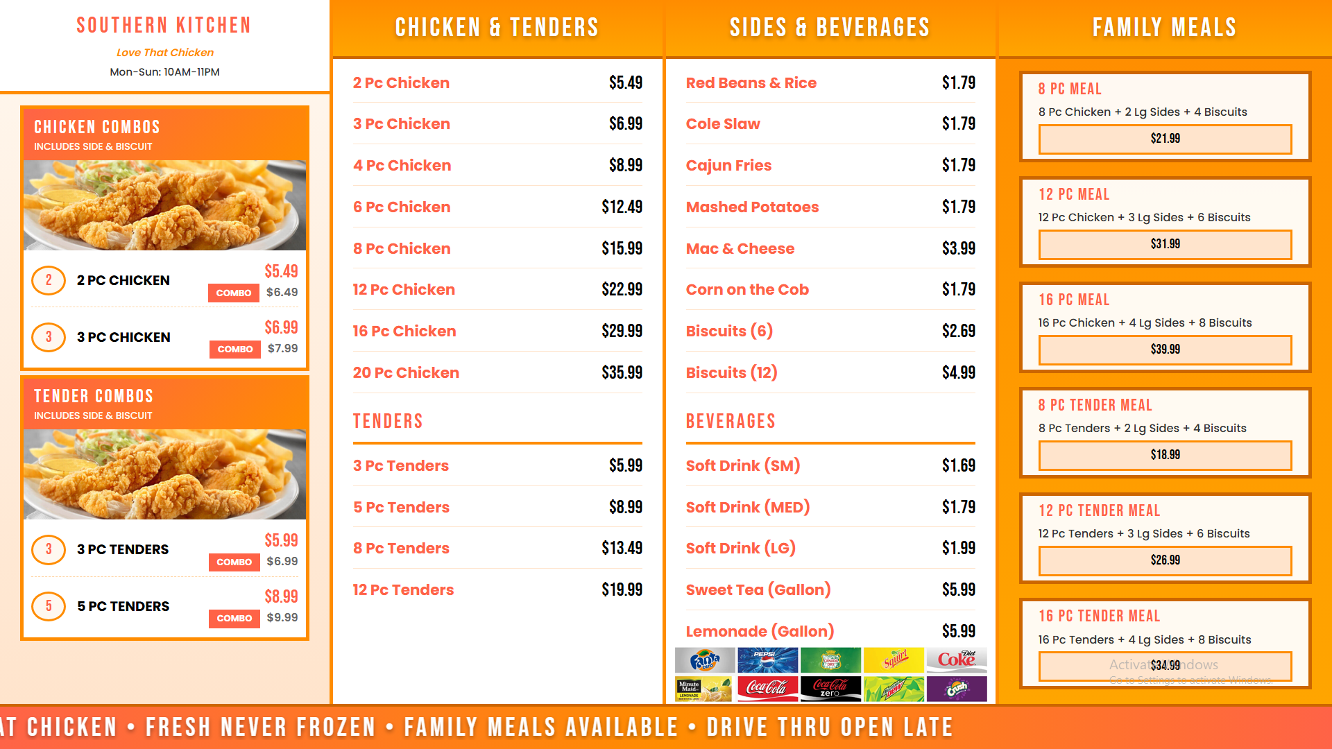 Southern fried chicken restaurant digital menu board