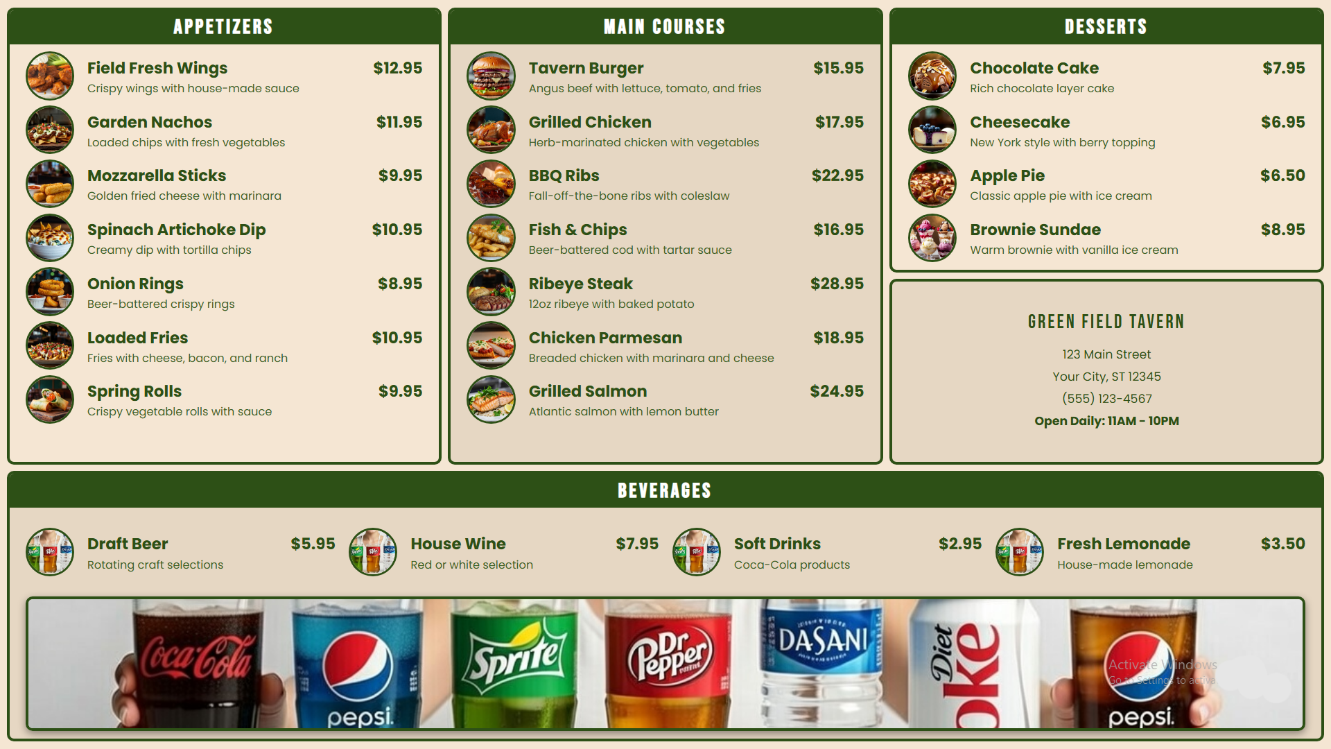 Wide-format sports bar digital menu board with image banner sections