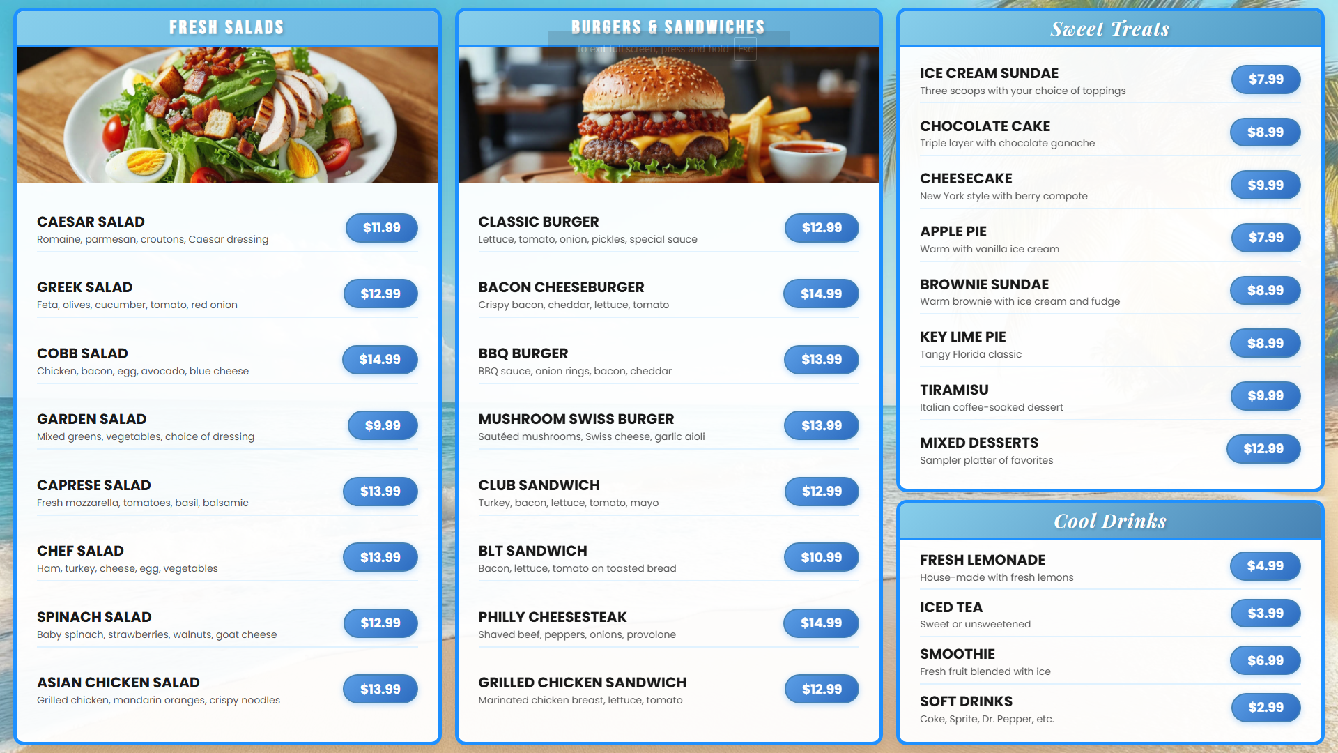 Bright and sunny summer cafe digital menu board