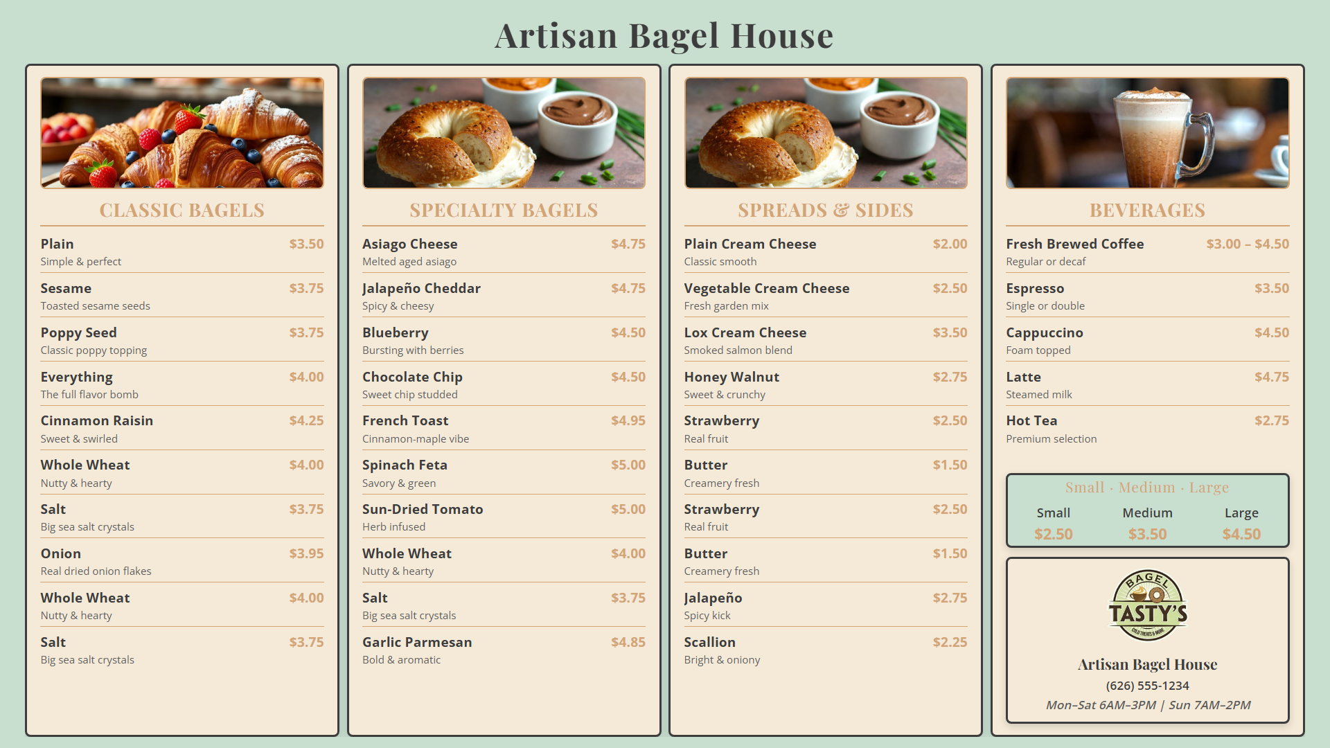Warm neutral tan tones bagel shop digital menu board
