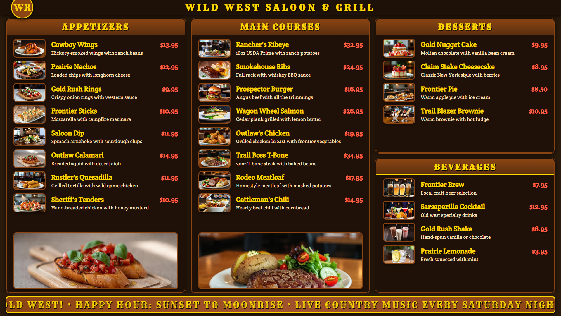 Classic western saloon-style digital menu board for themed restaurants