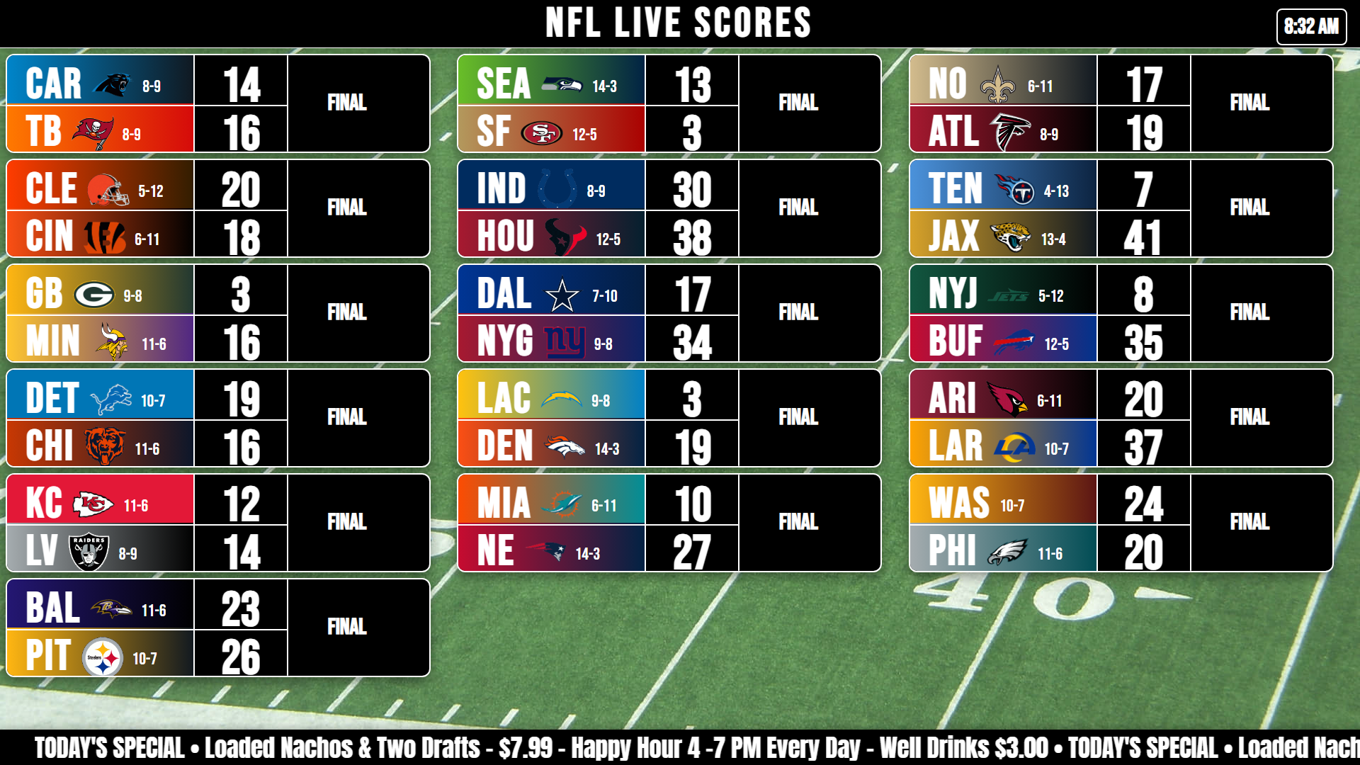 Live NFL scoreboard display with possession indicators, down and distance, and game clock